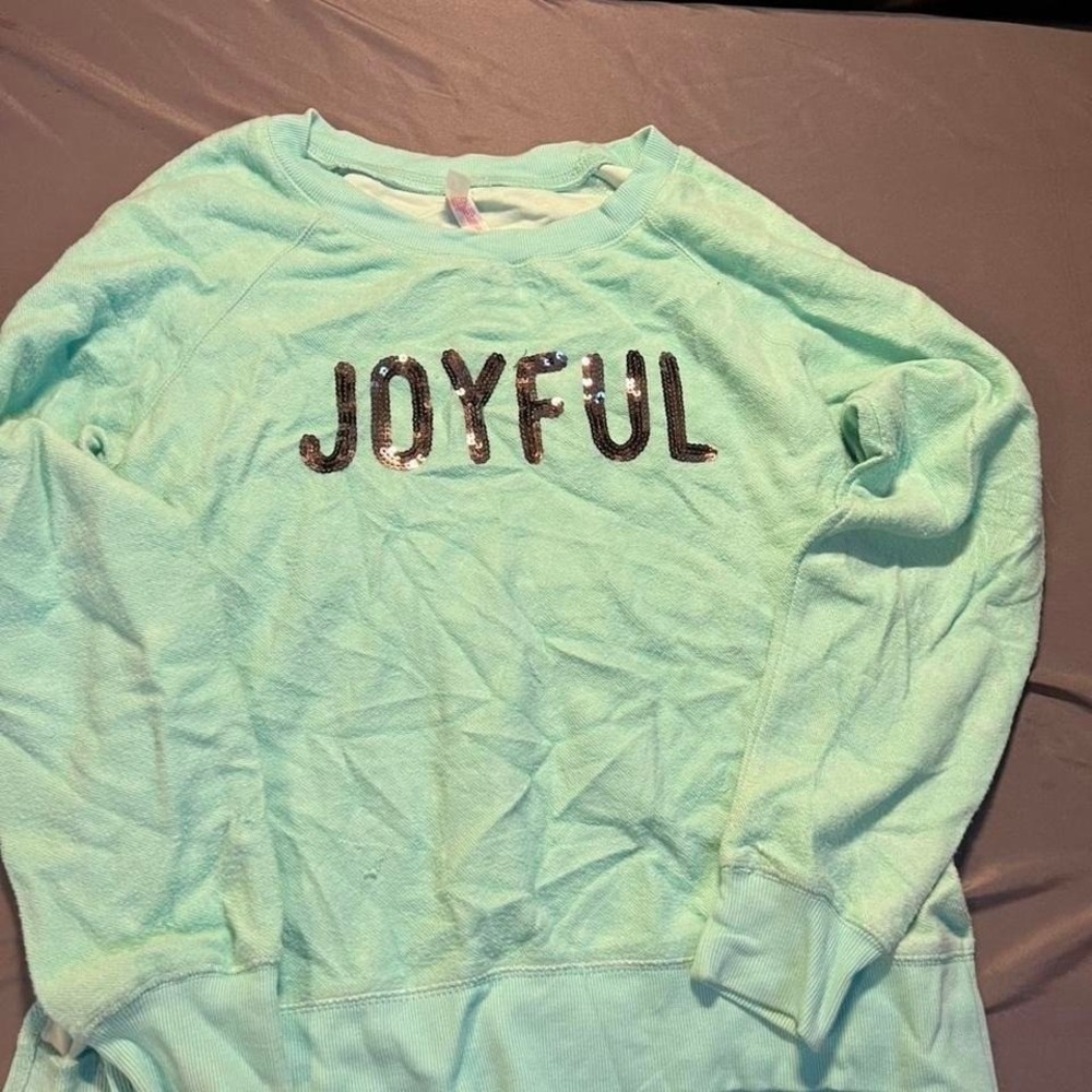 Xhilaration Sleepwear Teal‎ Blue Joyful Sequin Graphic Sweatshirt Size Large